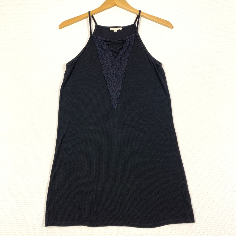 Easel Black Ribbed Knit Shift Dress Womens Small S Lace Trim V Neck Slip